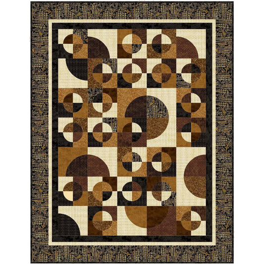 Geometric patterned quilt with brown and beige colors on a white background
