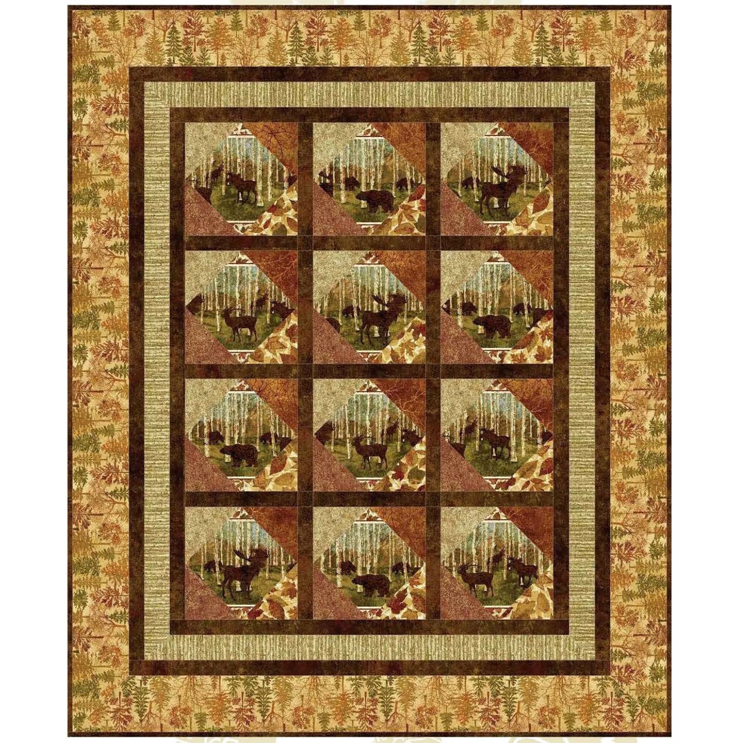 Fall-feel Cabin Window quilt in browns with fabric showing bears in a woods.