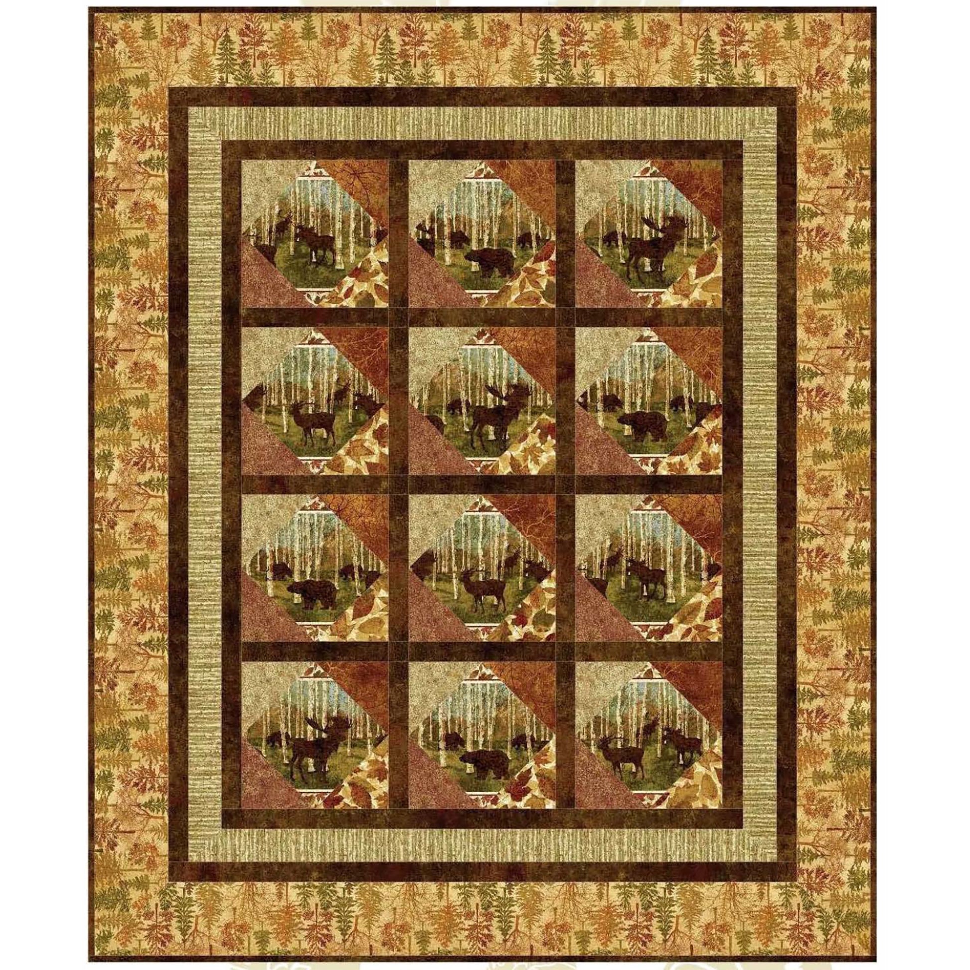 Fall-feel Cabin Window quilt in browns with fabric showing bears in a woods.