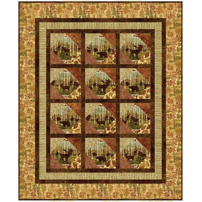 Fall-feel Cabin Window quilt in browns with fabric showing bears in a woods.
