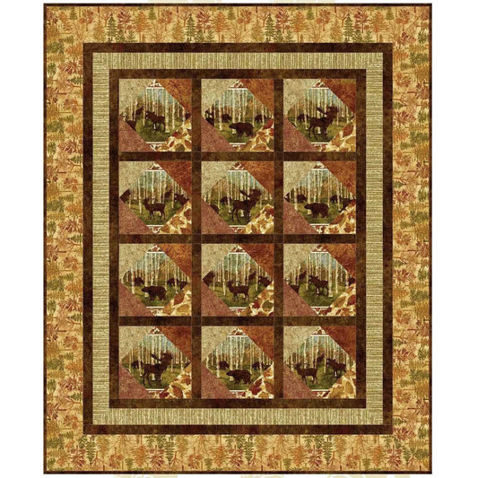 Fall-feel Cabin Window quilt in browns with fabric showing bears in a woods.