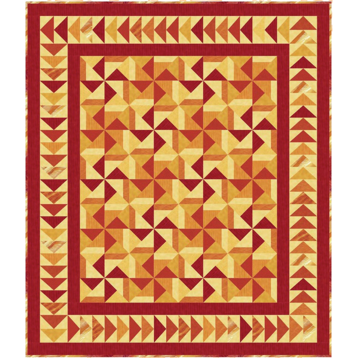Quilt with geometric pattern featuring triangles in red, orange, and yellow on a white background
