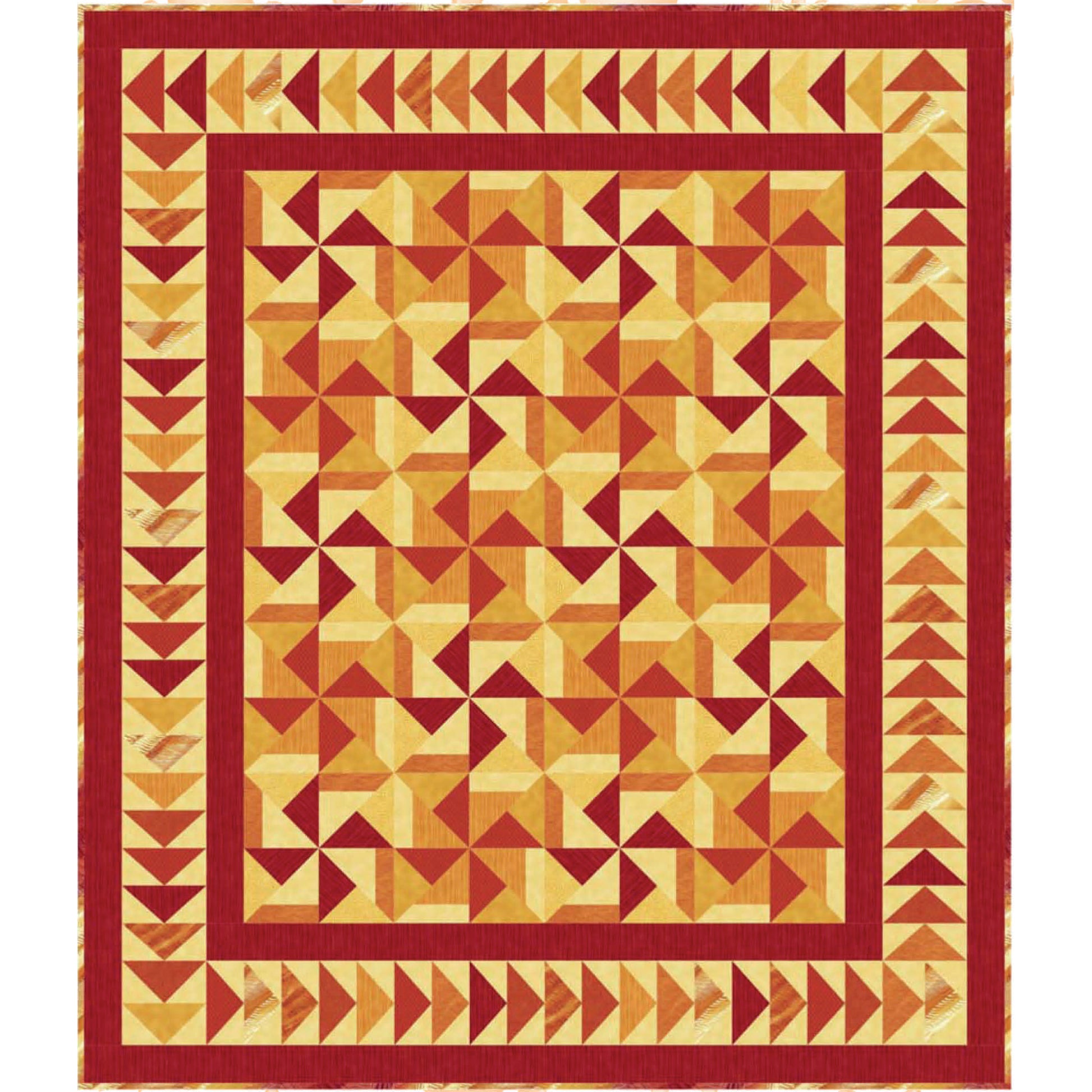 Quilt with geometric pattern featuring triangles in red, orange, and yellow on a white background