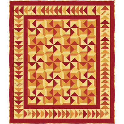 Quilt with geometric pattern featuring triangles in red, orange, and yellow on a white background