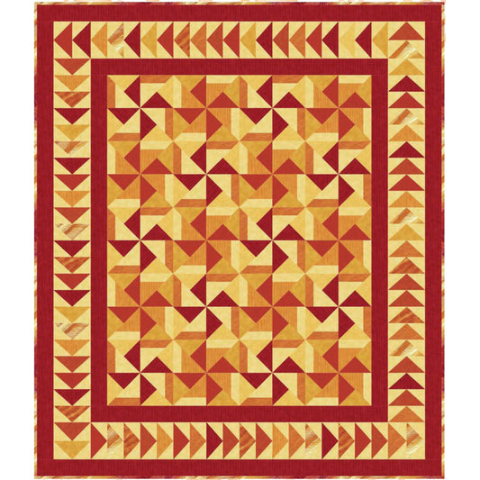 Quilt with geometric pattern featuring triangles in red, orange, and yellow on a white background