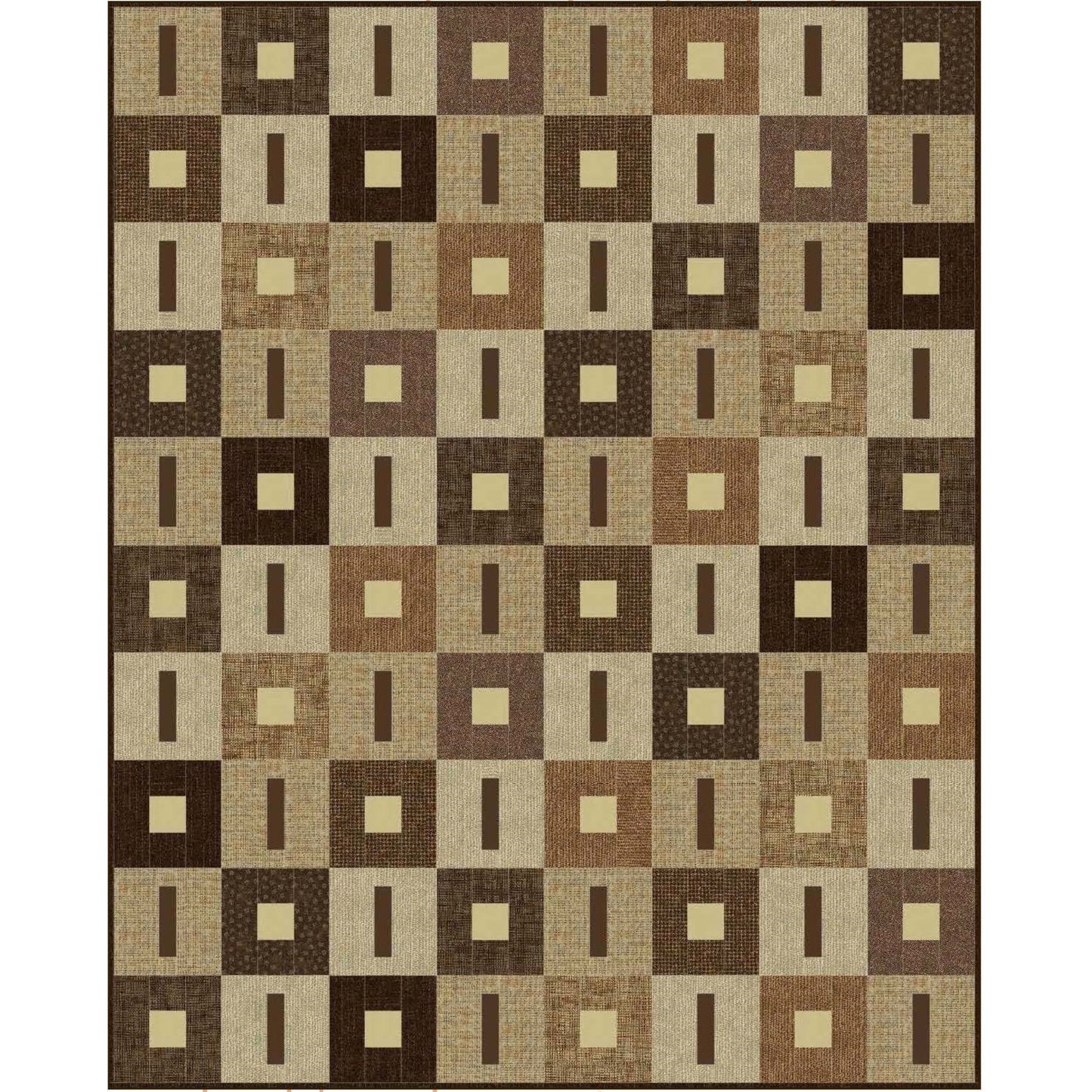 Modern checkered quilt pattern with brown and beige squares on a white background