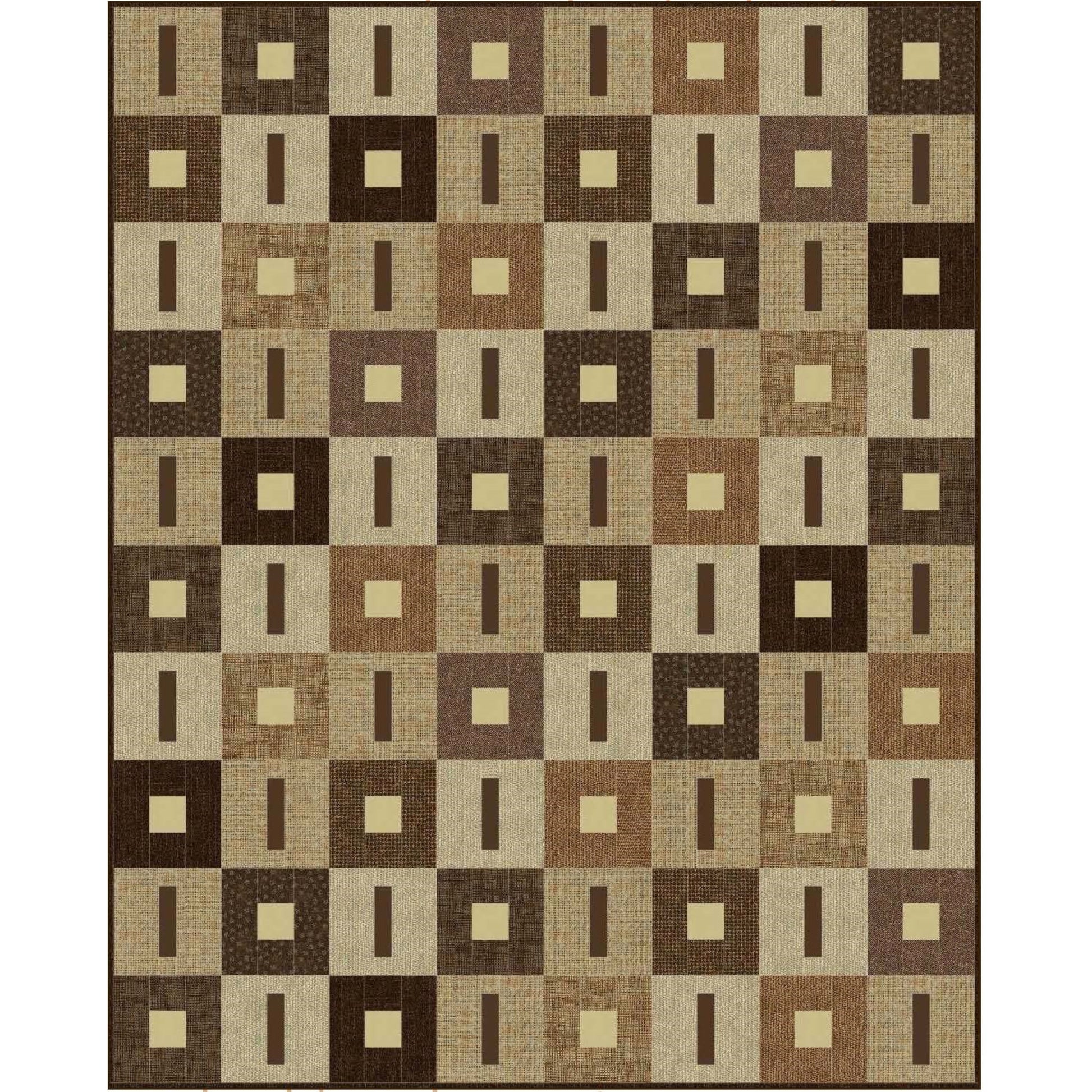 Modern checkered quilt pattern with brown and beige squares on a white background