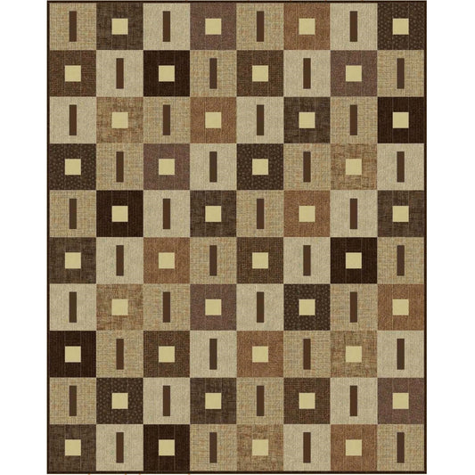 Modern checkered quilt pattern with brown and beige squares on a white background