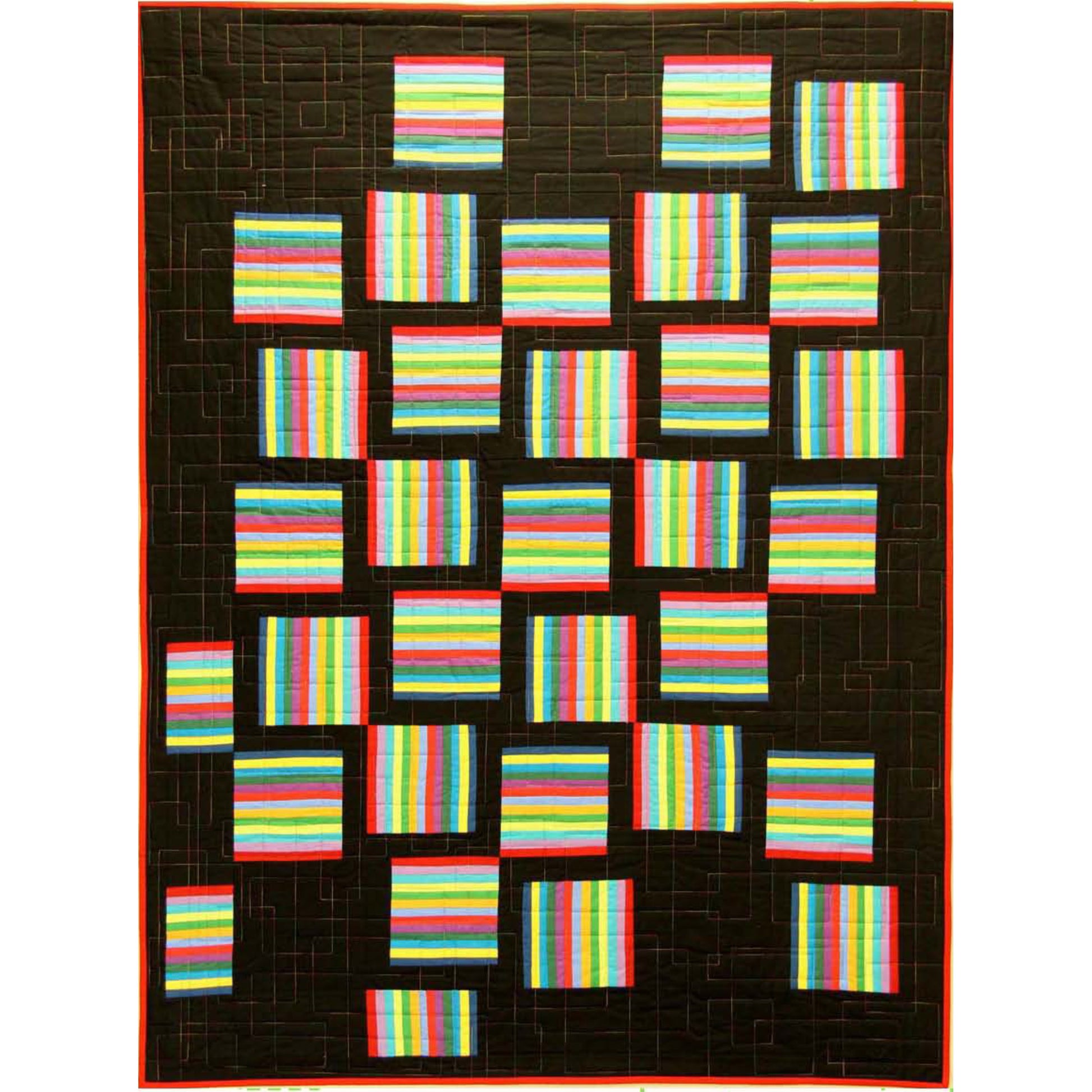 Colorful quilt with striped pattern on a black background