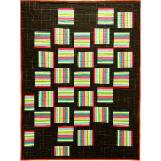Colorful quilt with striped pattern on a black background