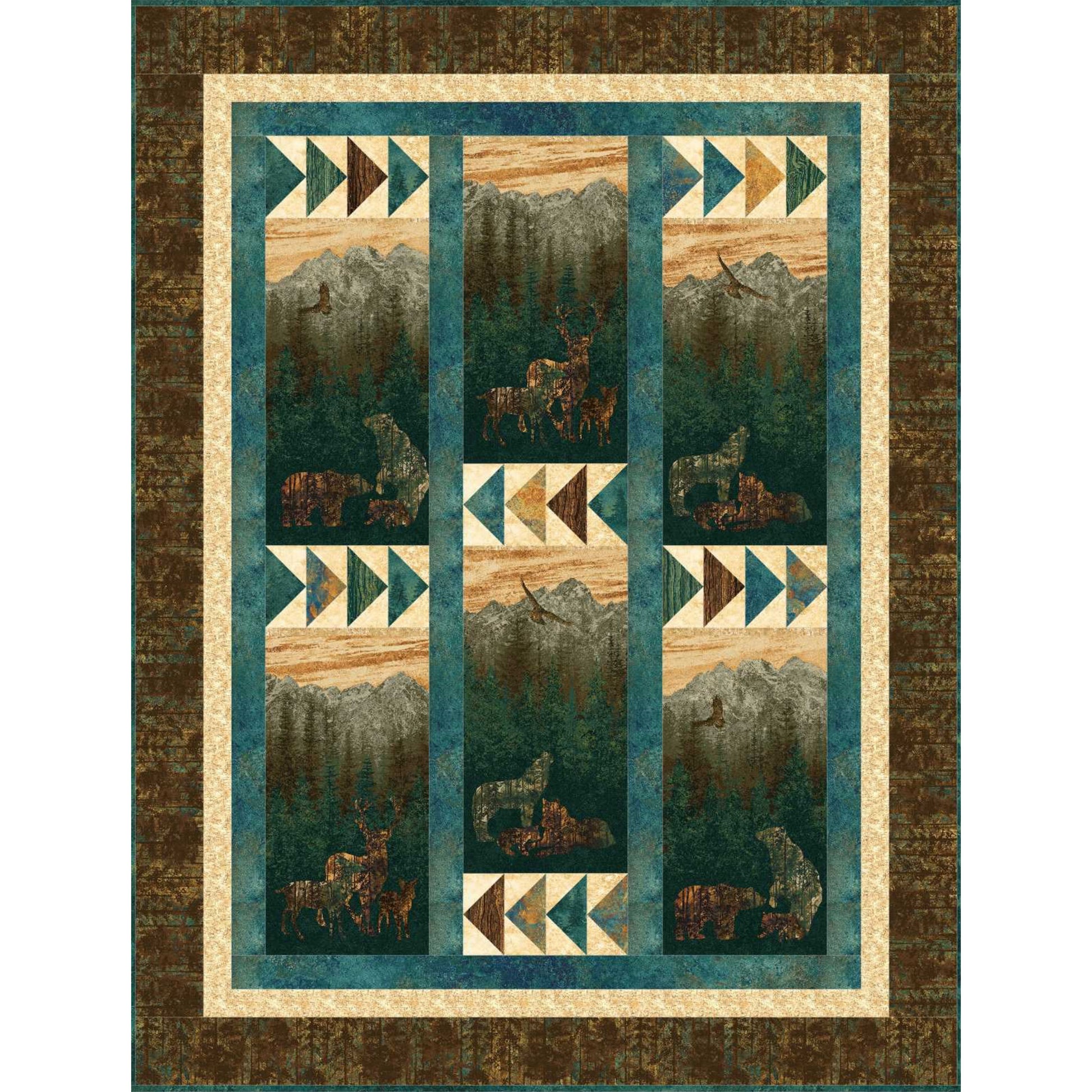Quilt with nature-themed design featuring animals and landscapes.
