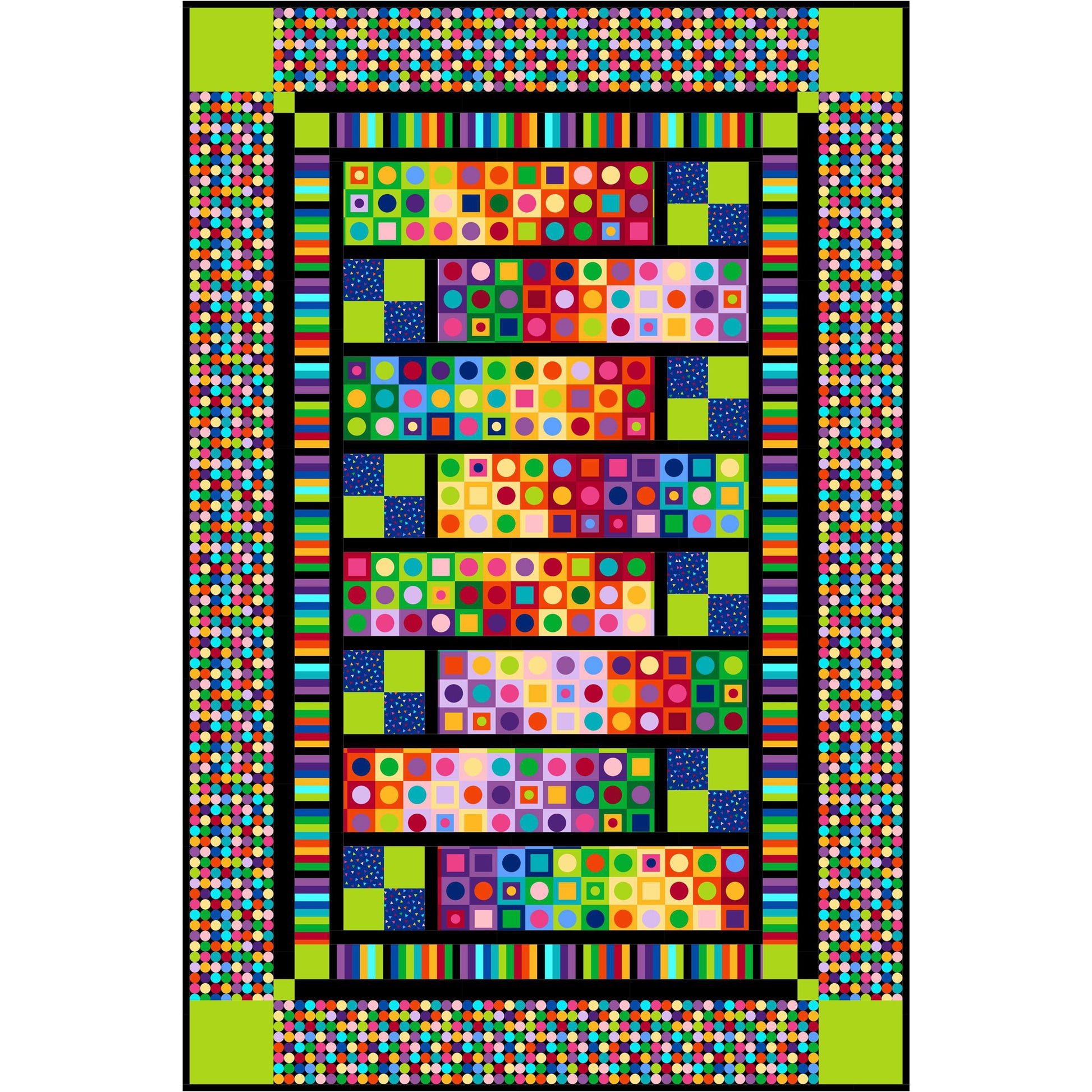 Colorful quilt with geometric patterns on a white background