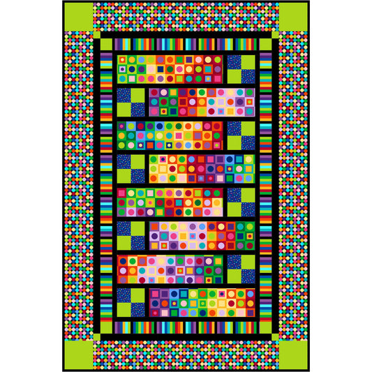 Colorful quilt with geometric patterns on a white background