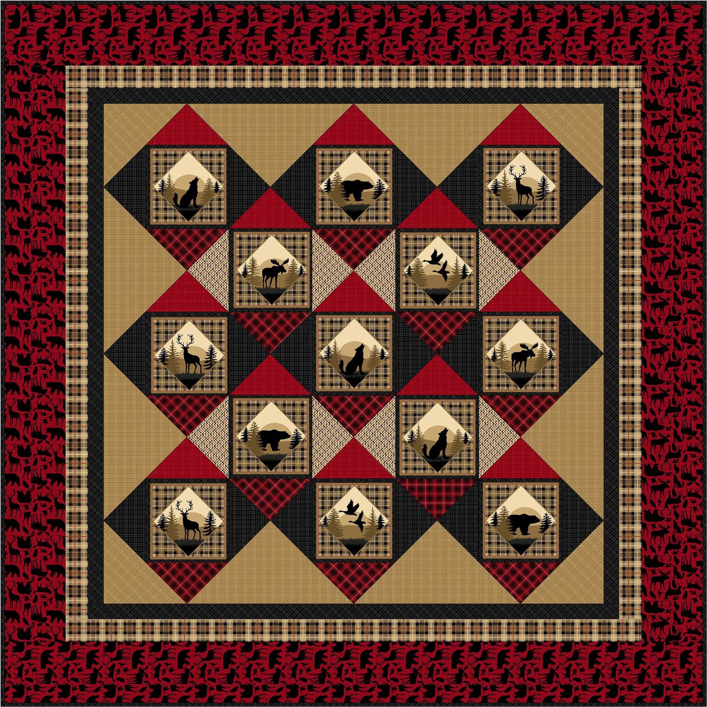 Quilt with geometric pattern featuring deer and plaid designs on a red border.