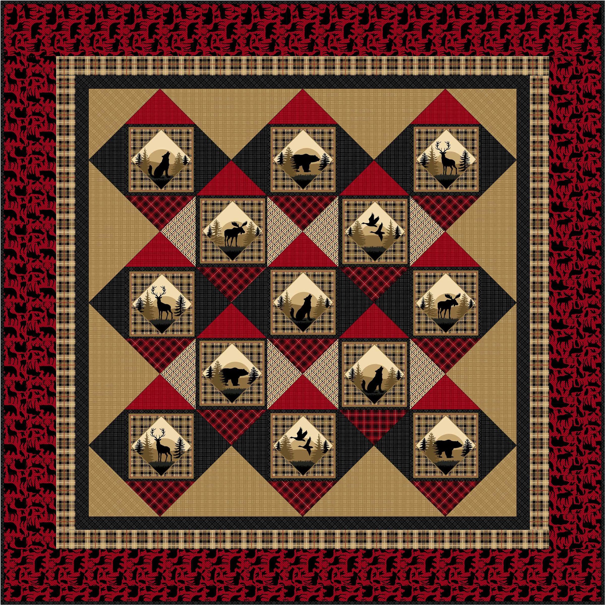 Quilt with geometric pattern featuring deer and plaid designs on a red border.