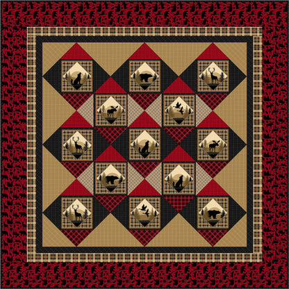 Quilt with geometric pattern featuring deer and plaid designs on a red border.