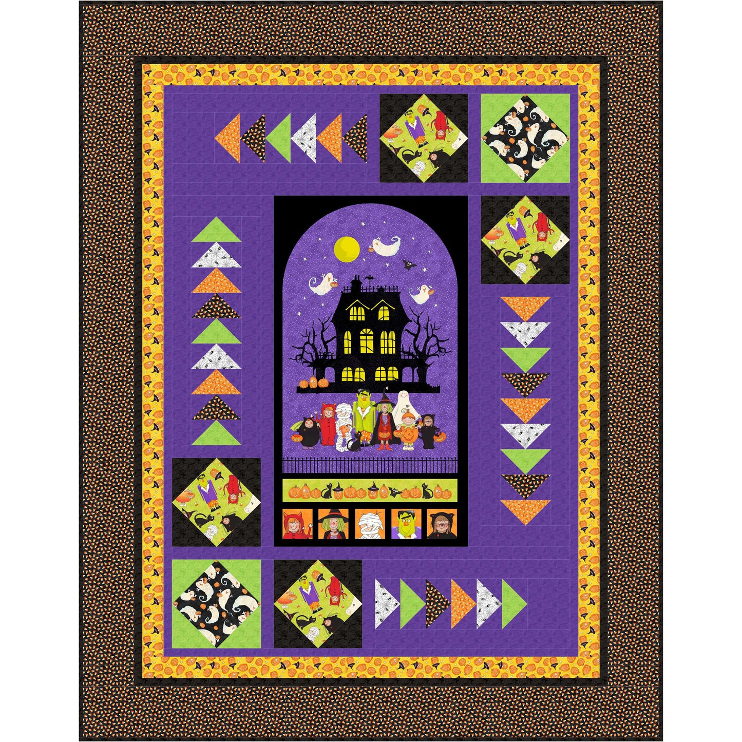 Halloween-themed quilt with colorful patterns and a haunted house design on a purple background.