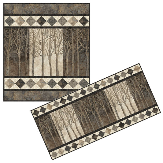Two forest-themed quilts with diamond pattern on a white background