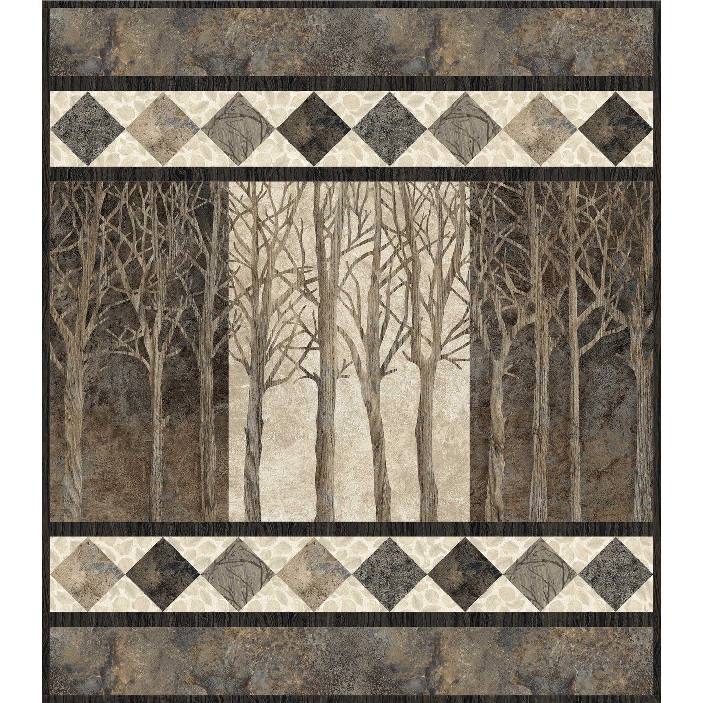 Quilted wall hanging with forest design and diamond pattern border