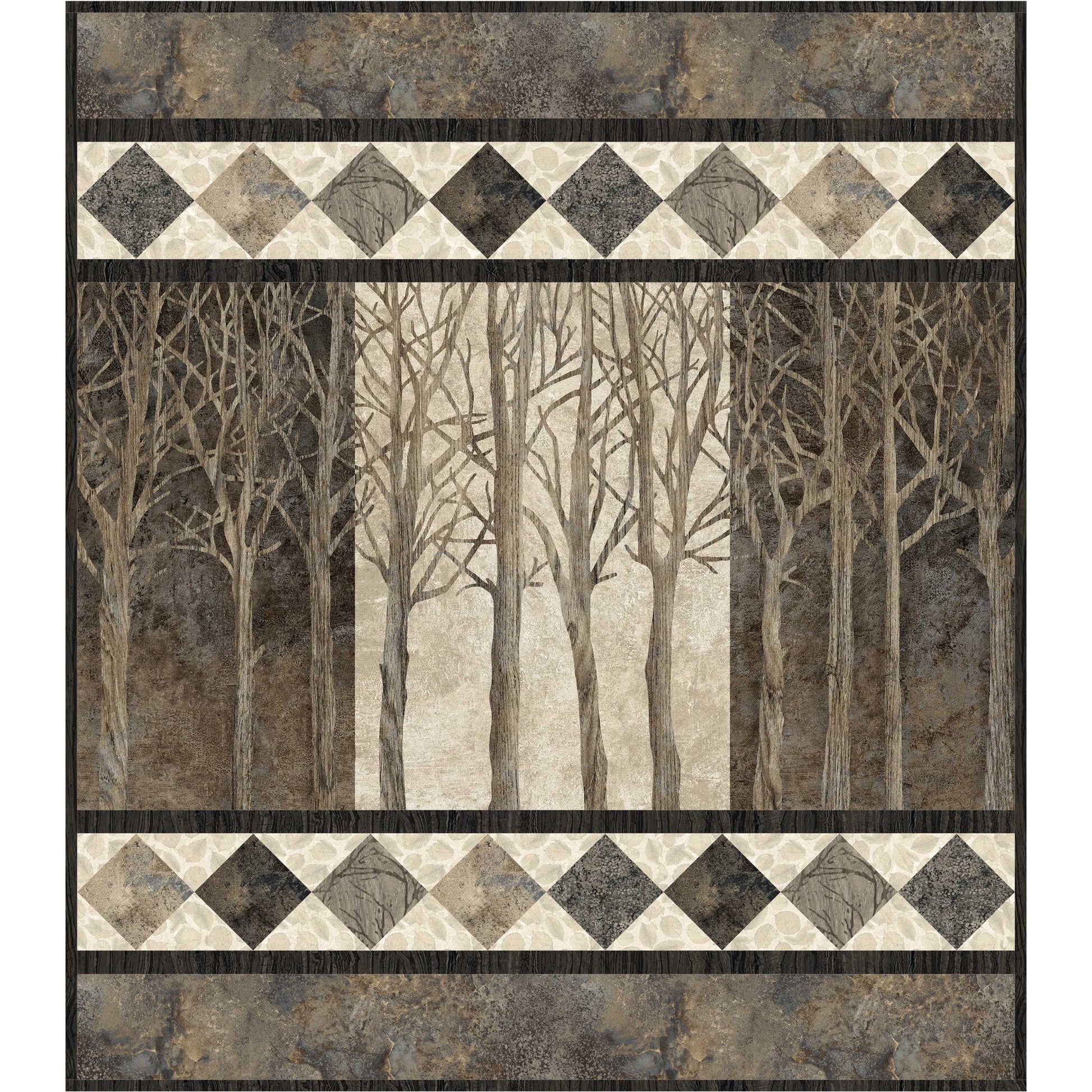 Quilted wall hanging with forest design and diamond pattern border