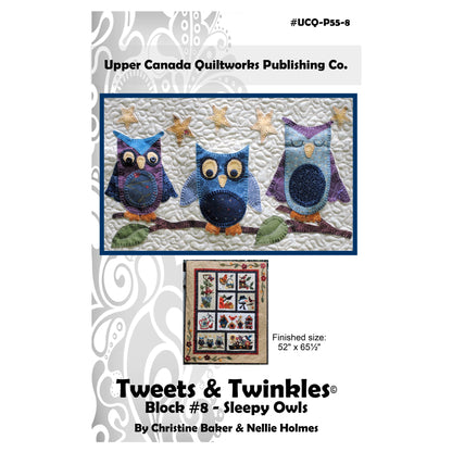 Quilt pattern book cover featuring owls on a branch with decorative elements.