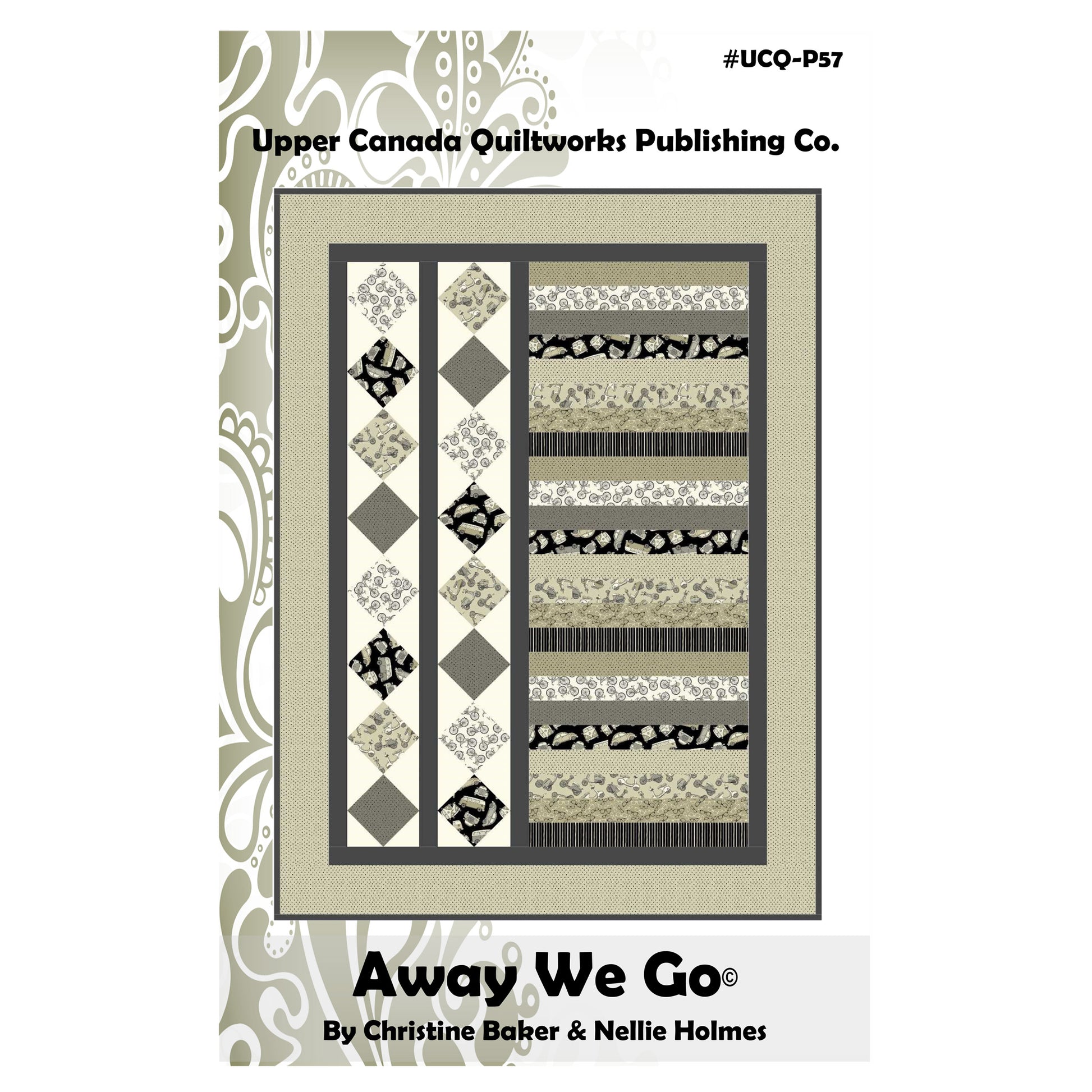 Quilt pattern book cover titled 'Away We Go' by Upper Canada Quiltworks Publishing Co.