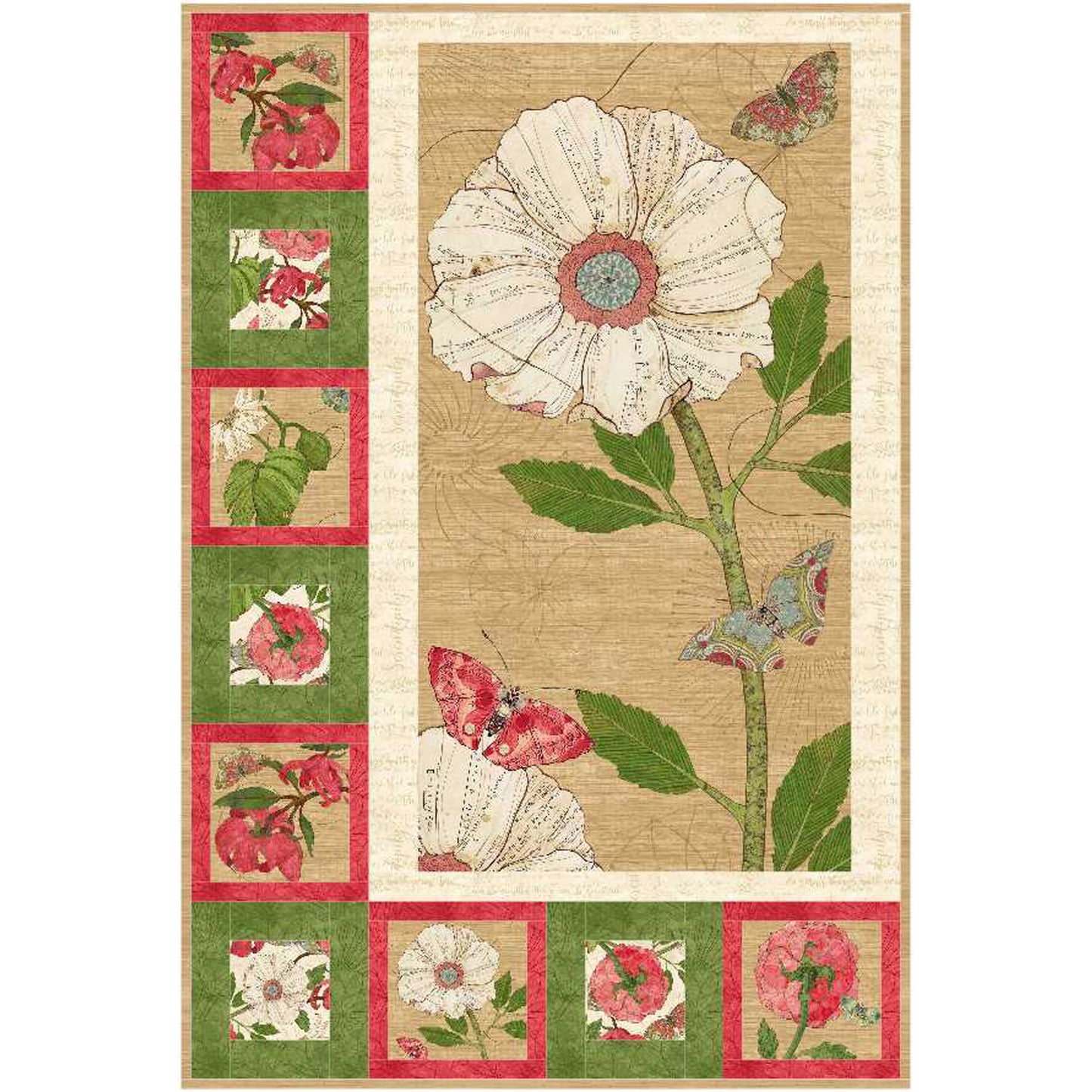 Floral and butterfly patterned quilted wall hanging with a beige background