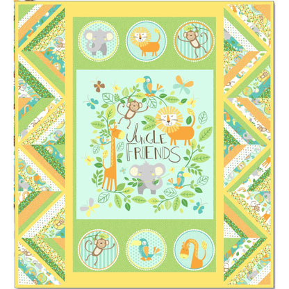 Children's fabric panel quilt with jungle animals and 'Jungle Friends' text on a green background.