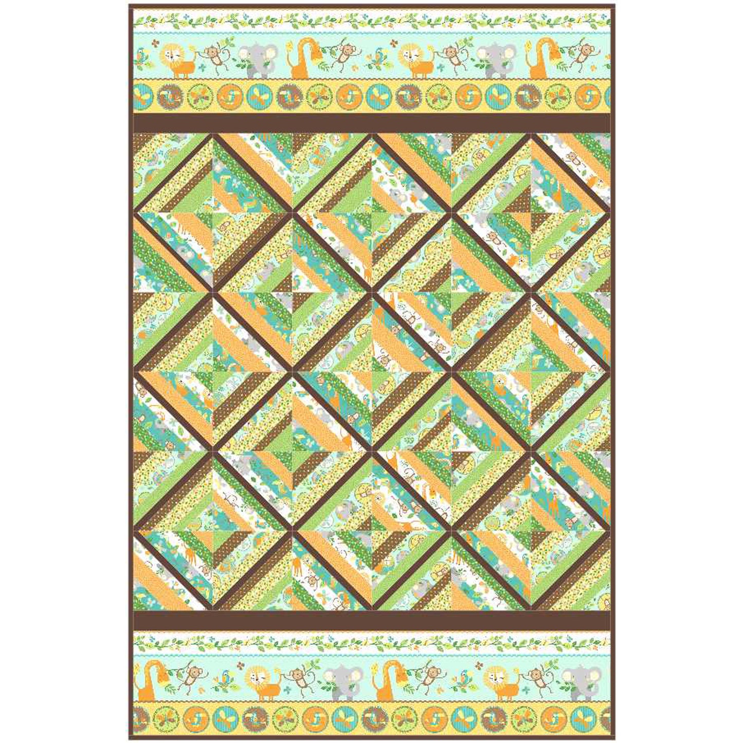 Quilt with geometric pattern and border featuring animals on a white background