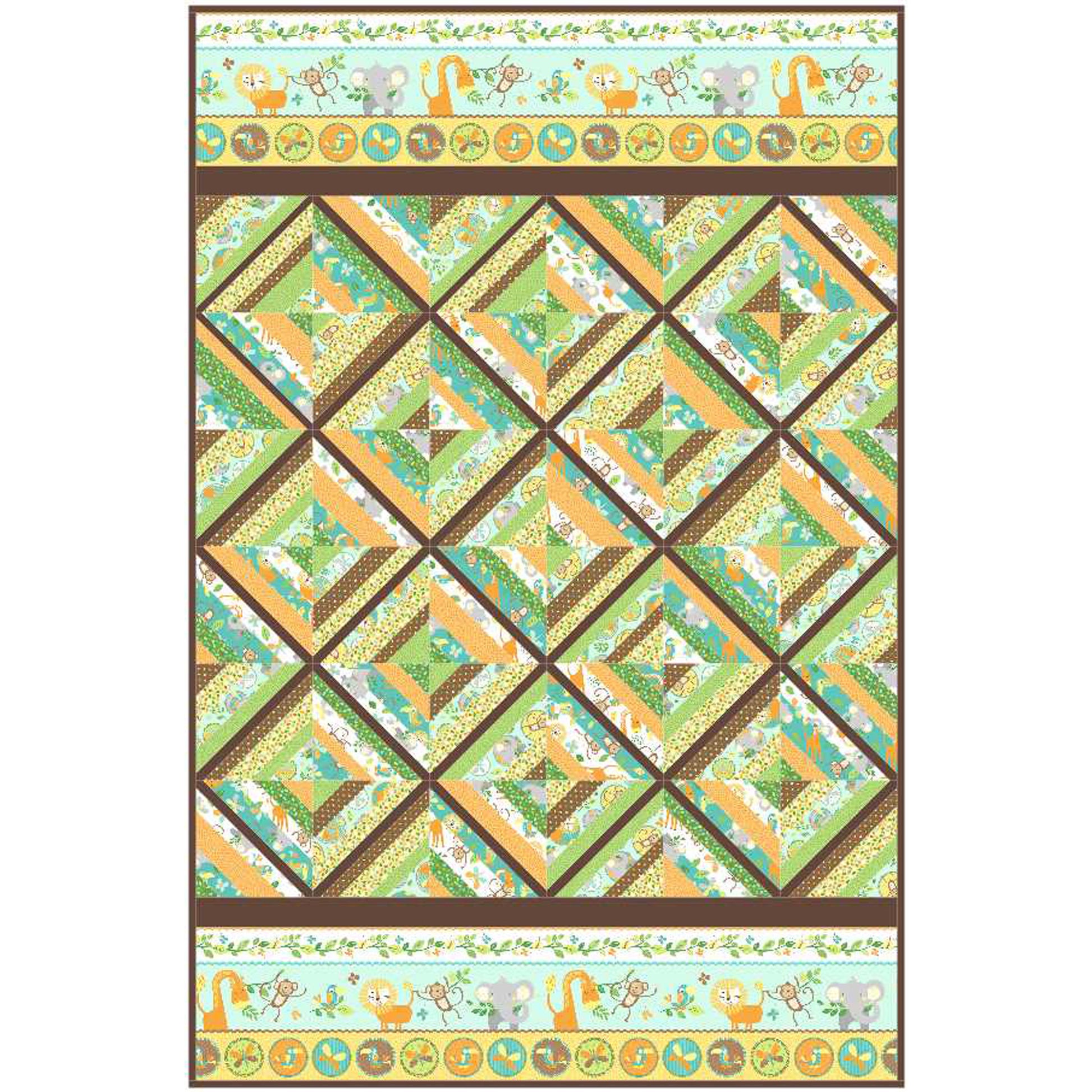 Quilt with geometric pattern and border featuring animals on a white background