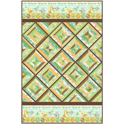 Quilt with geometric pattern and border featuring animals on a white background