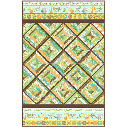 Quilt with geometric pattern and border featuring animals on a white background
