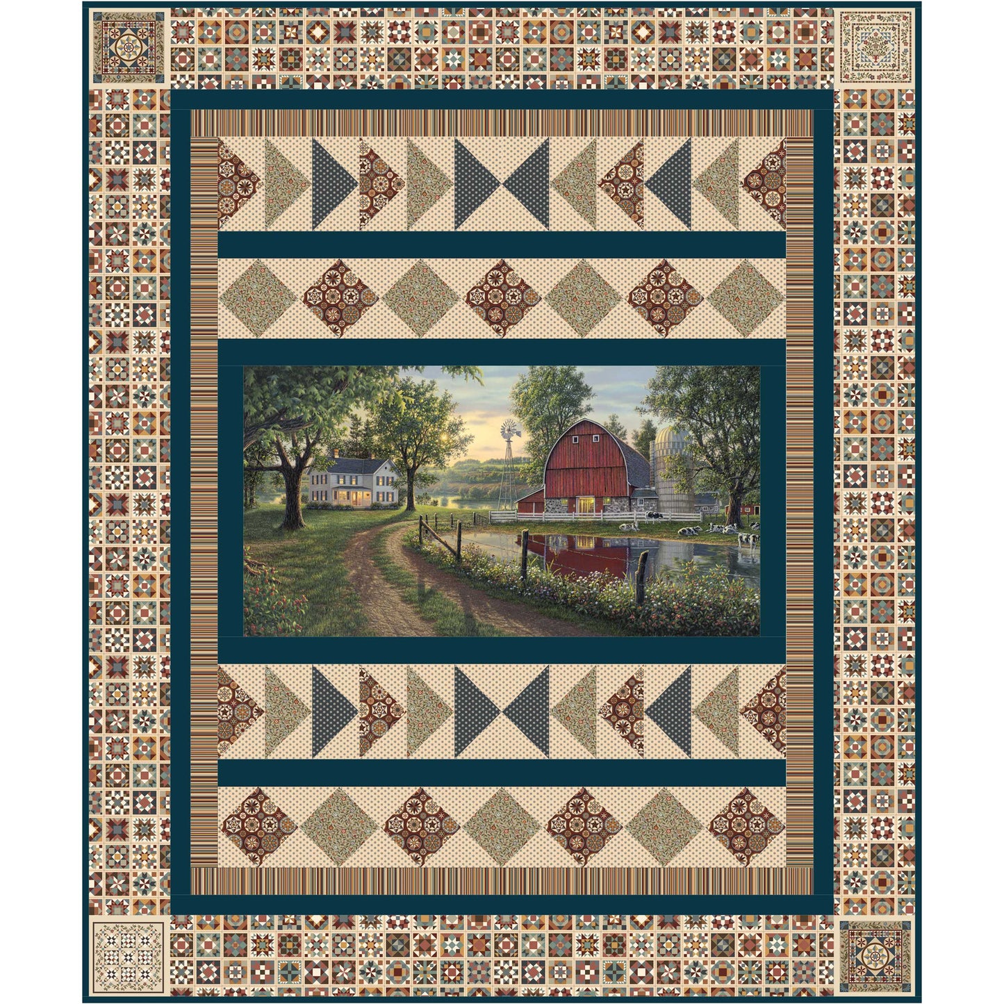 Quilt with a barn scene in the center and decorative border