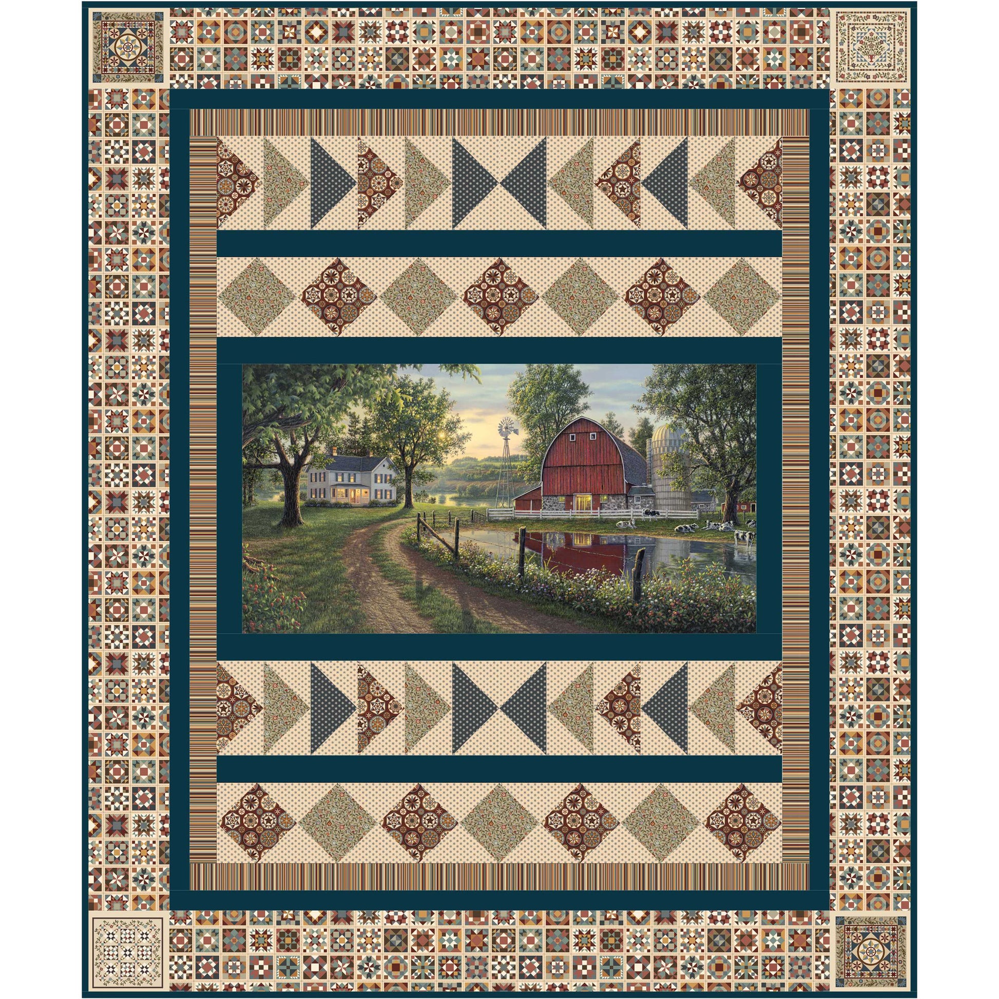 Quilt with a barn scene in the center and decorative border