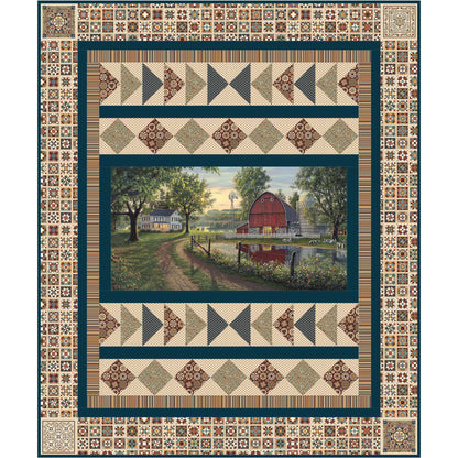 Quilt with a barn scene in the center and decorative border