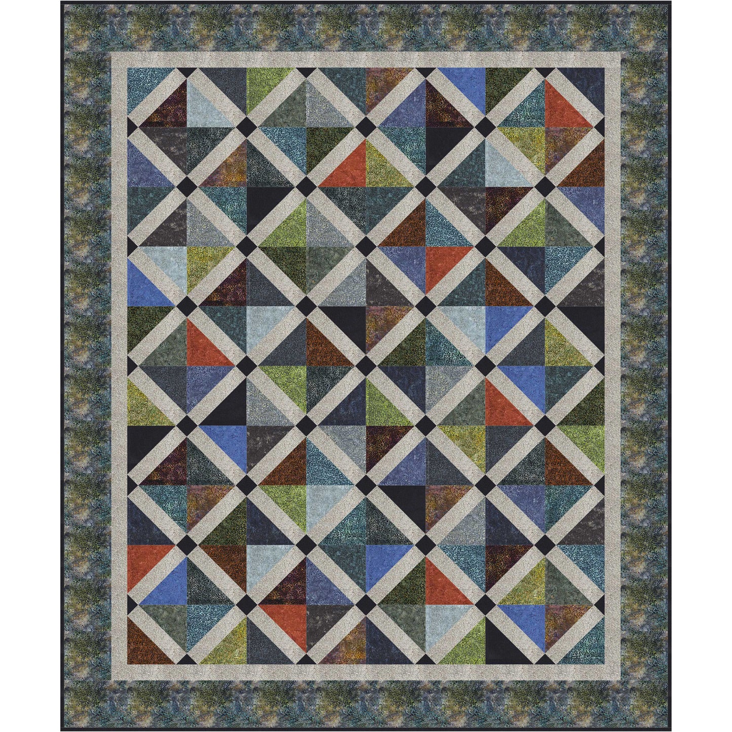 Colorful quilt with geometric pattern on a textured background