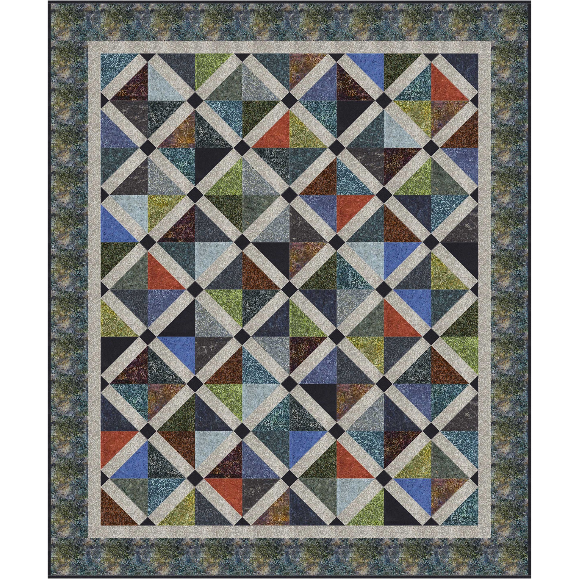 Colorful quilt with geometric pattern on a textured background