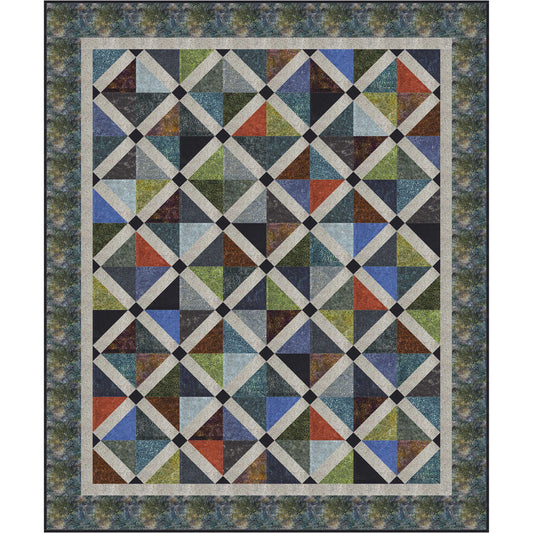 Colorful quilt with geometric pattern on a textured background