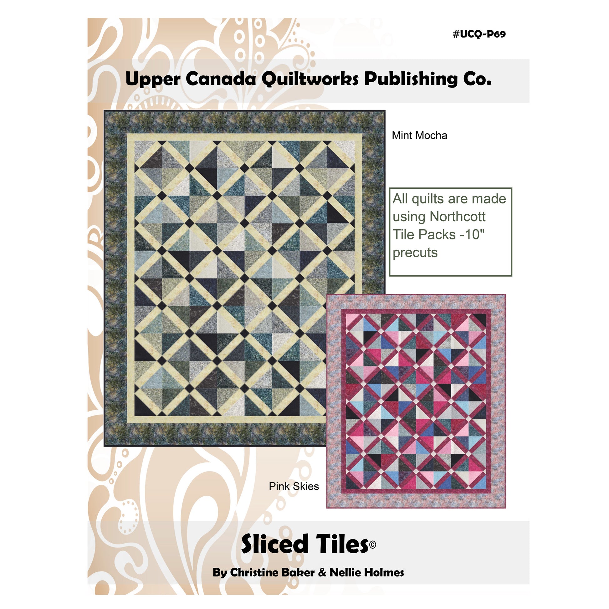 Quilt pattern book cover with two quilt images and branding text.