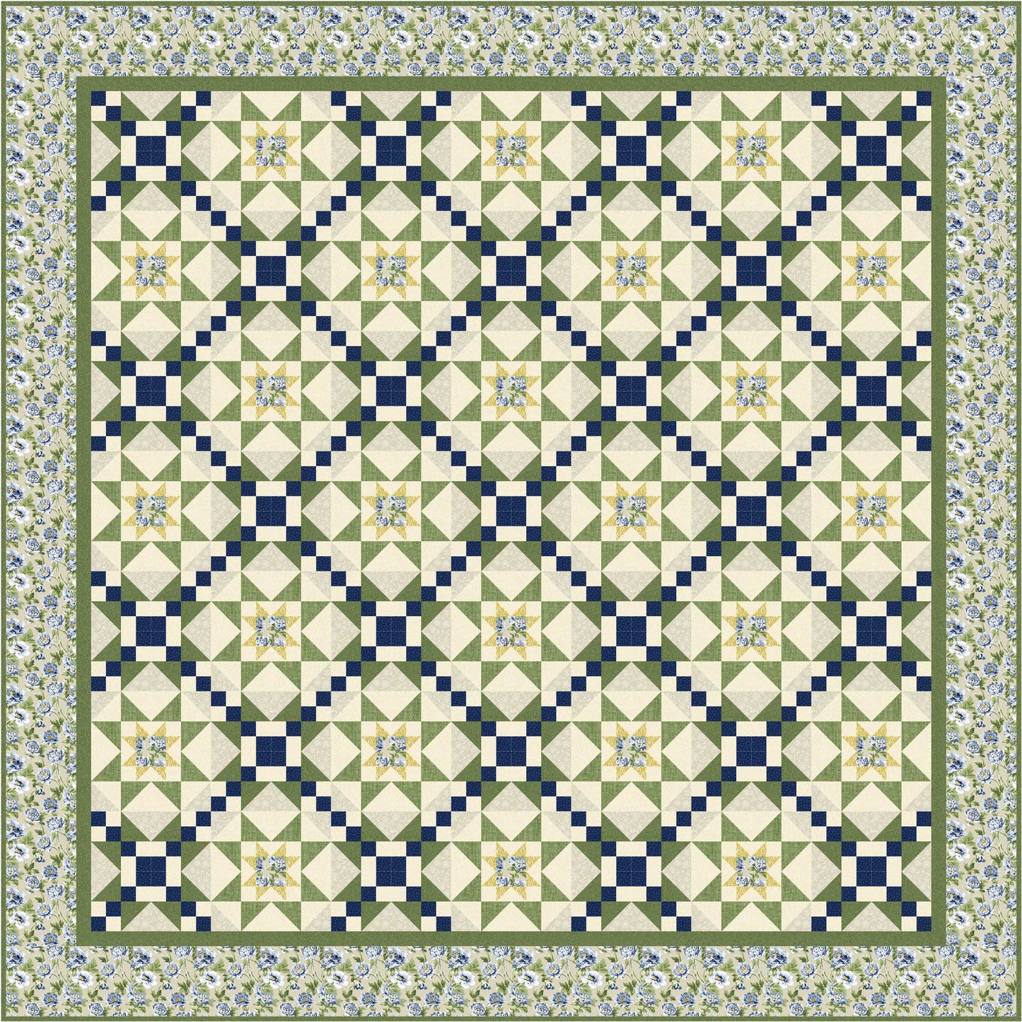 Quilt with geometric diamond pattern in green, blue, and white on a floral border