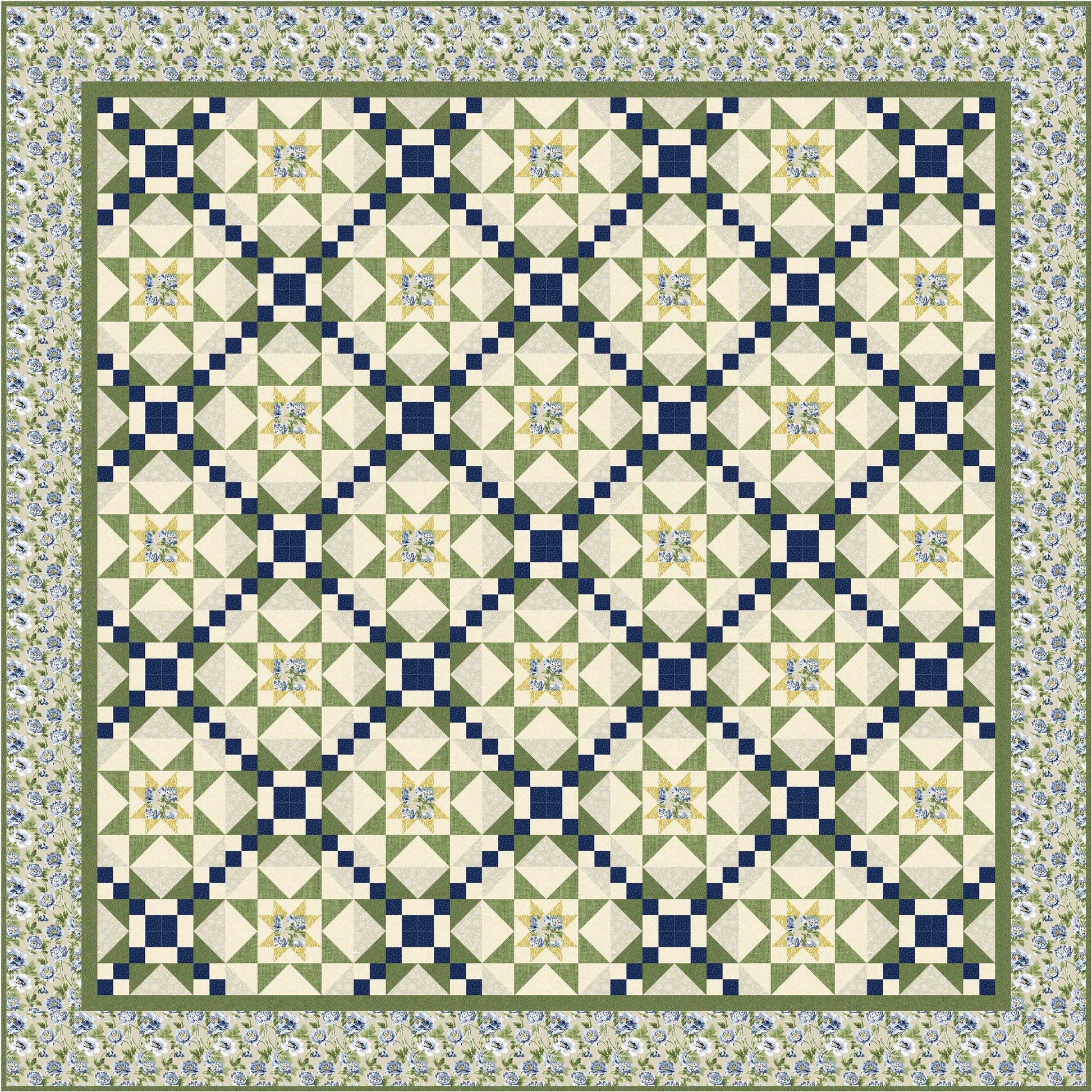 Quilt with geometric diamond pattern in green, blue, and white on a floral border