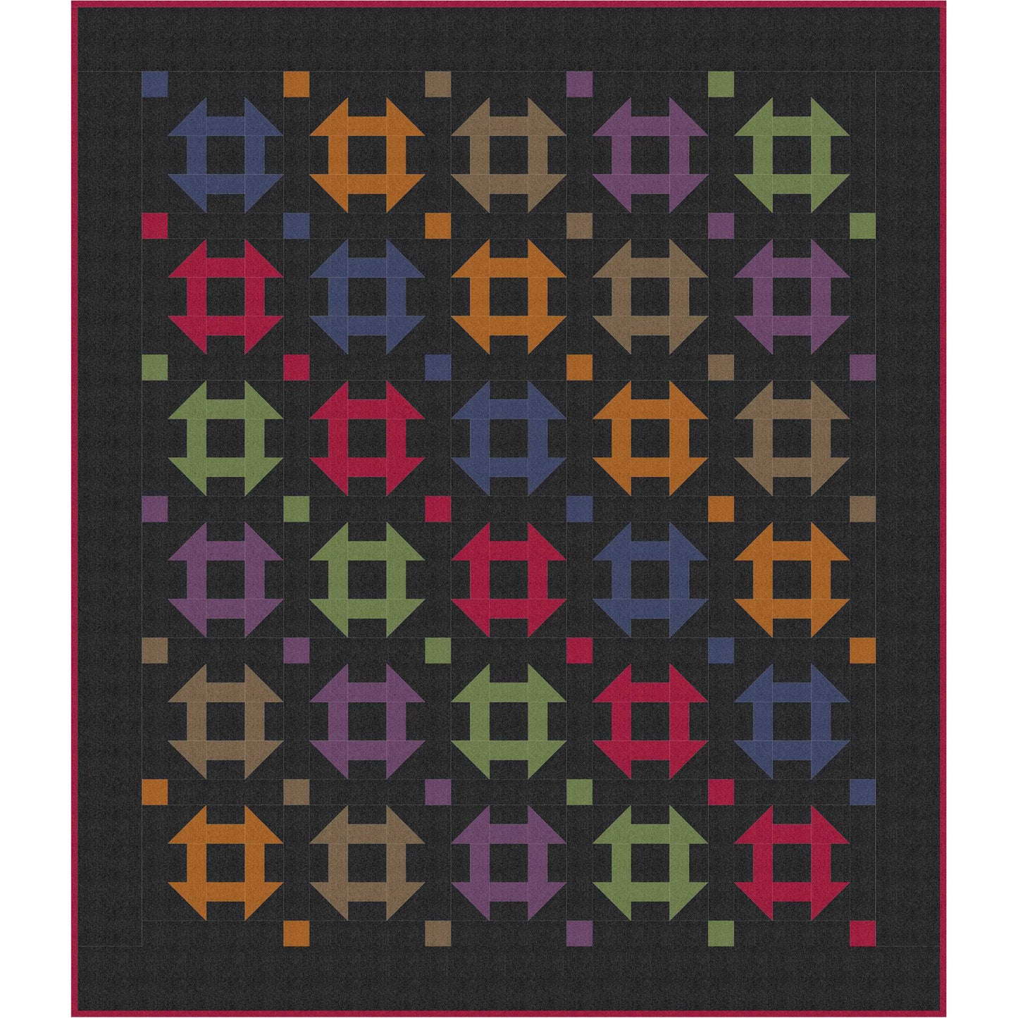 Colorful geometric patterned quilt featuring churn dash blocks on a black background