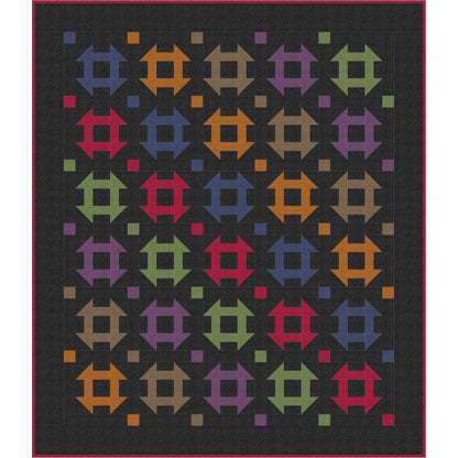 Colorful geometric patterned quilt featuring churn dash blocks on a black background