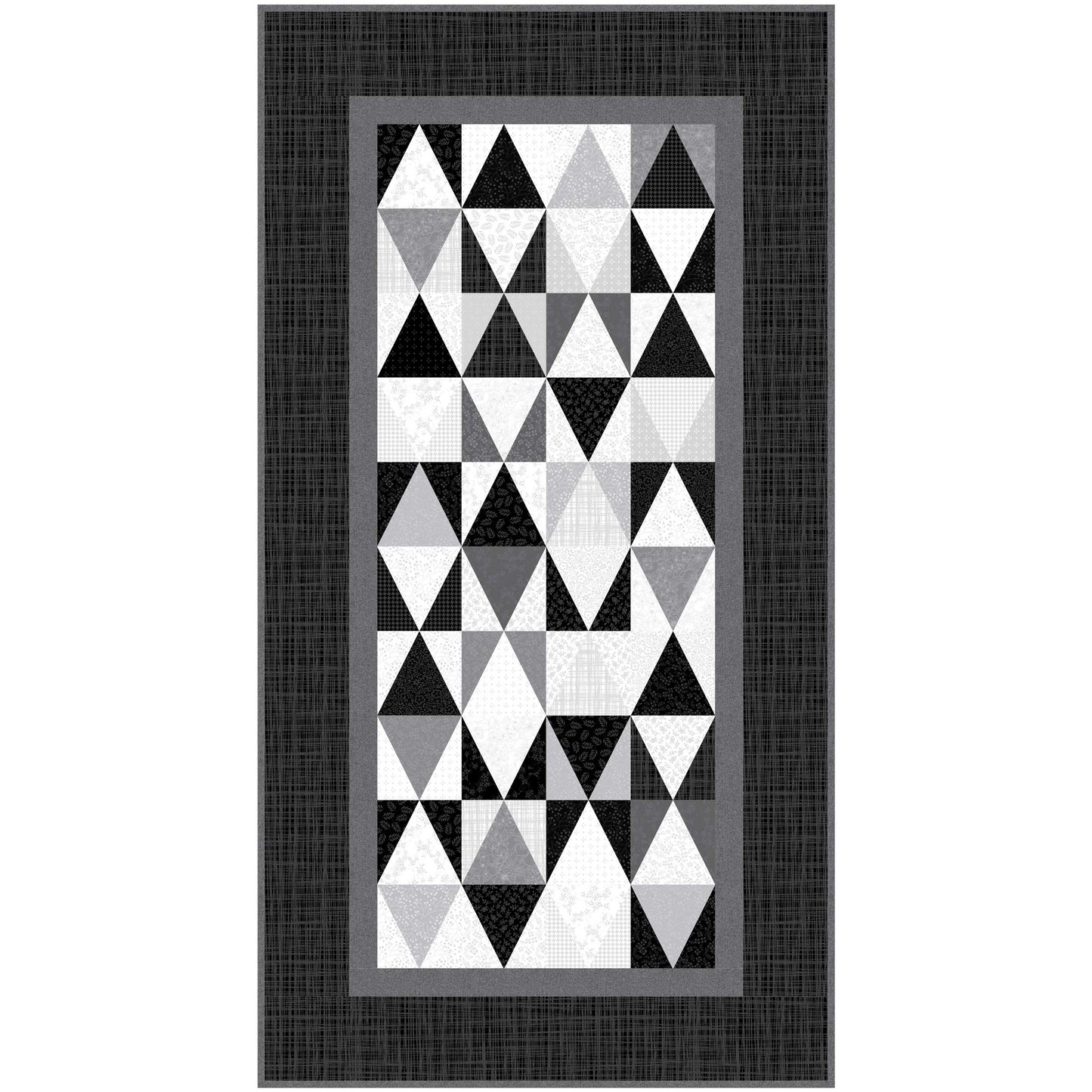 Geometric triangle patterned quilt runner with a black border on a white background