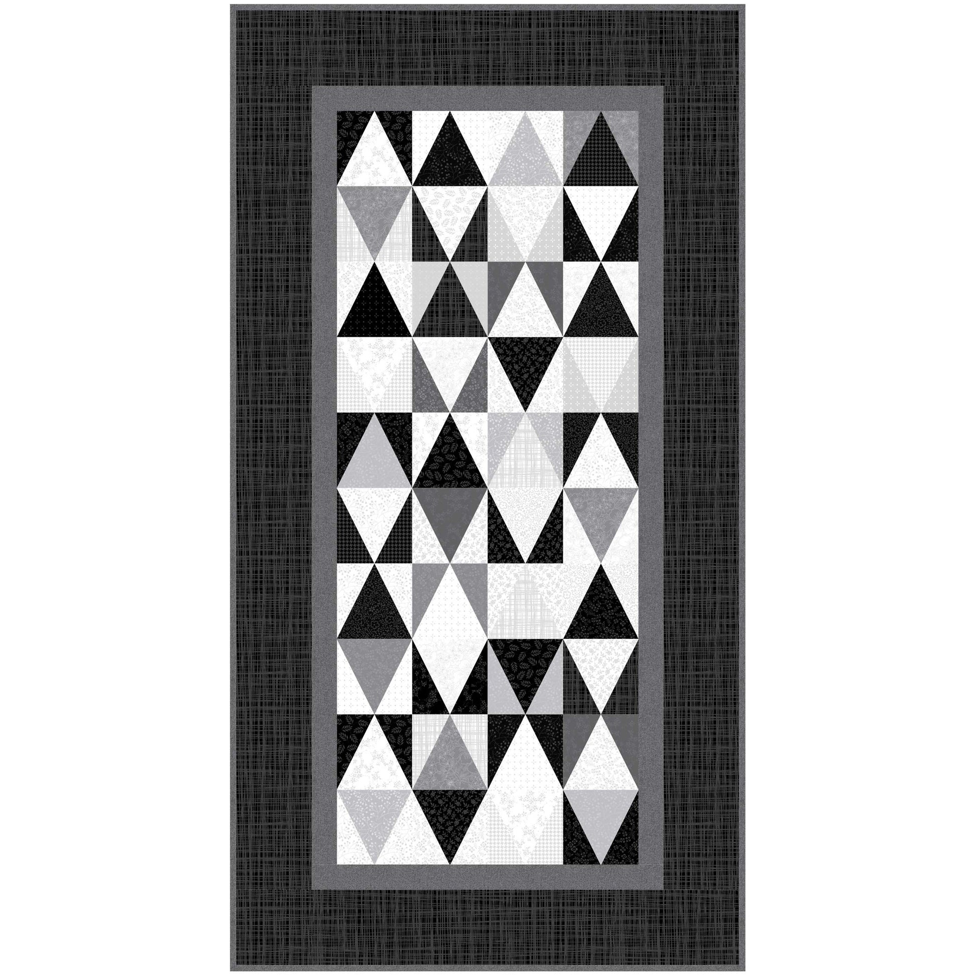 Geometric triangle patterned quilt runner with a black border on a white background