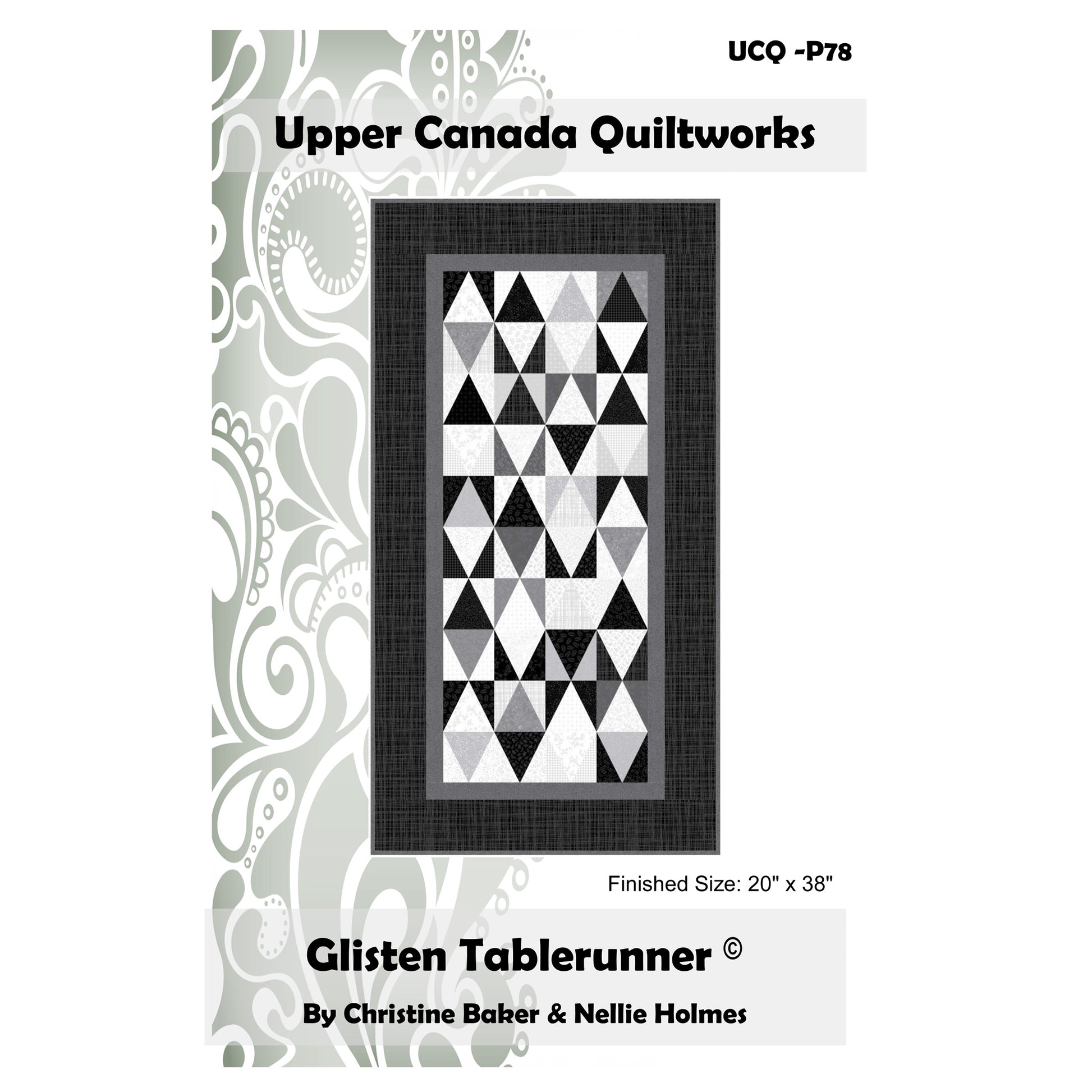 Upper Canada Quiltworks Glisten Tablerunner pattern packaging with quilt design and dimensions.