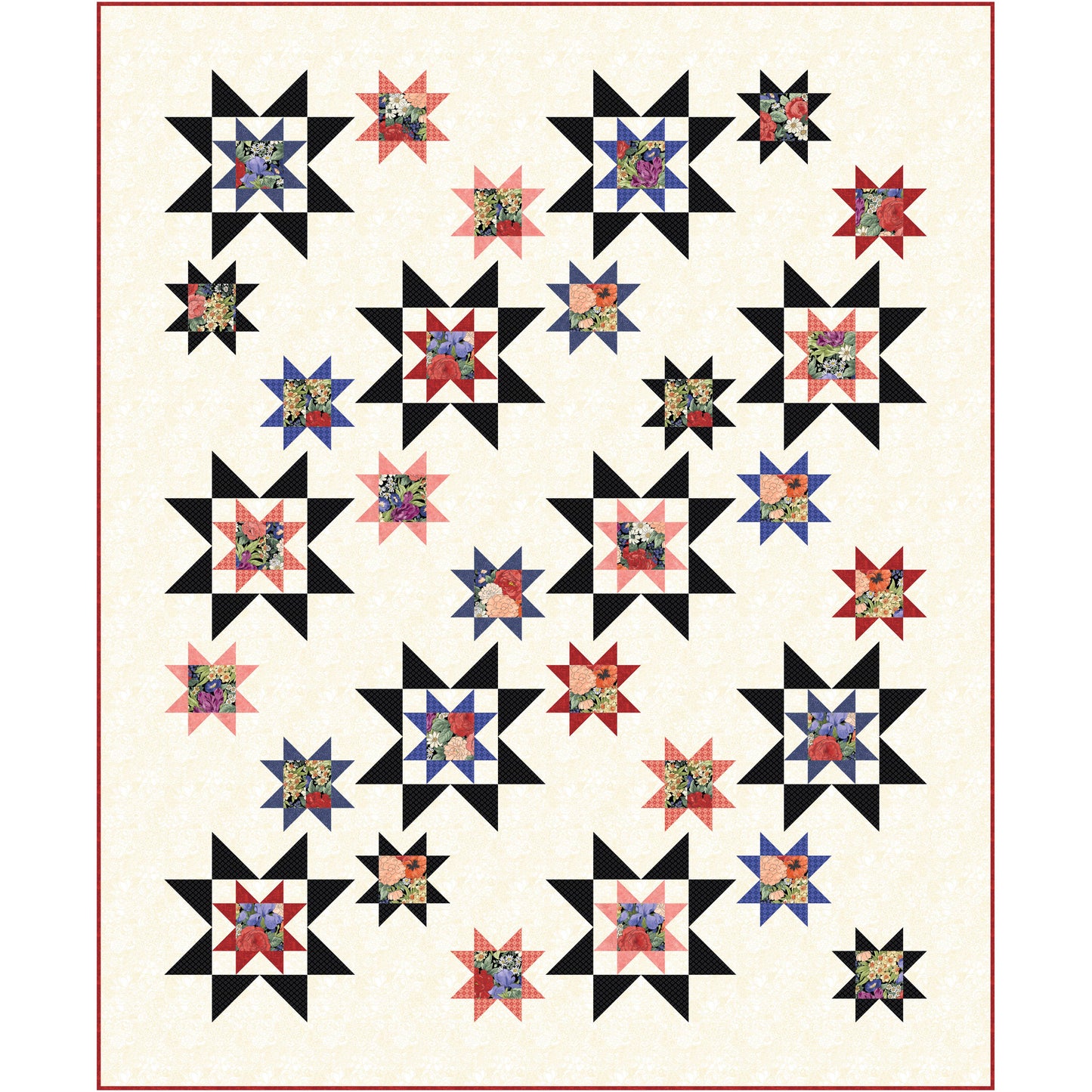 Quilt with star pattern featuring colorful flowers on a white background
