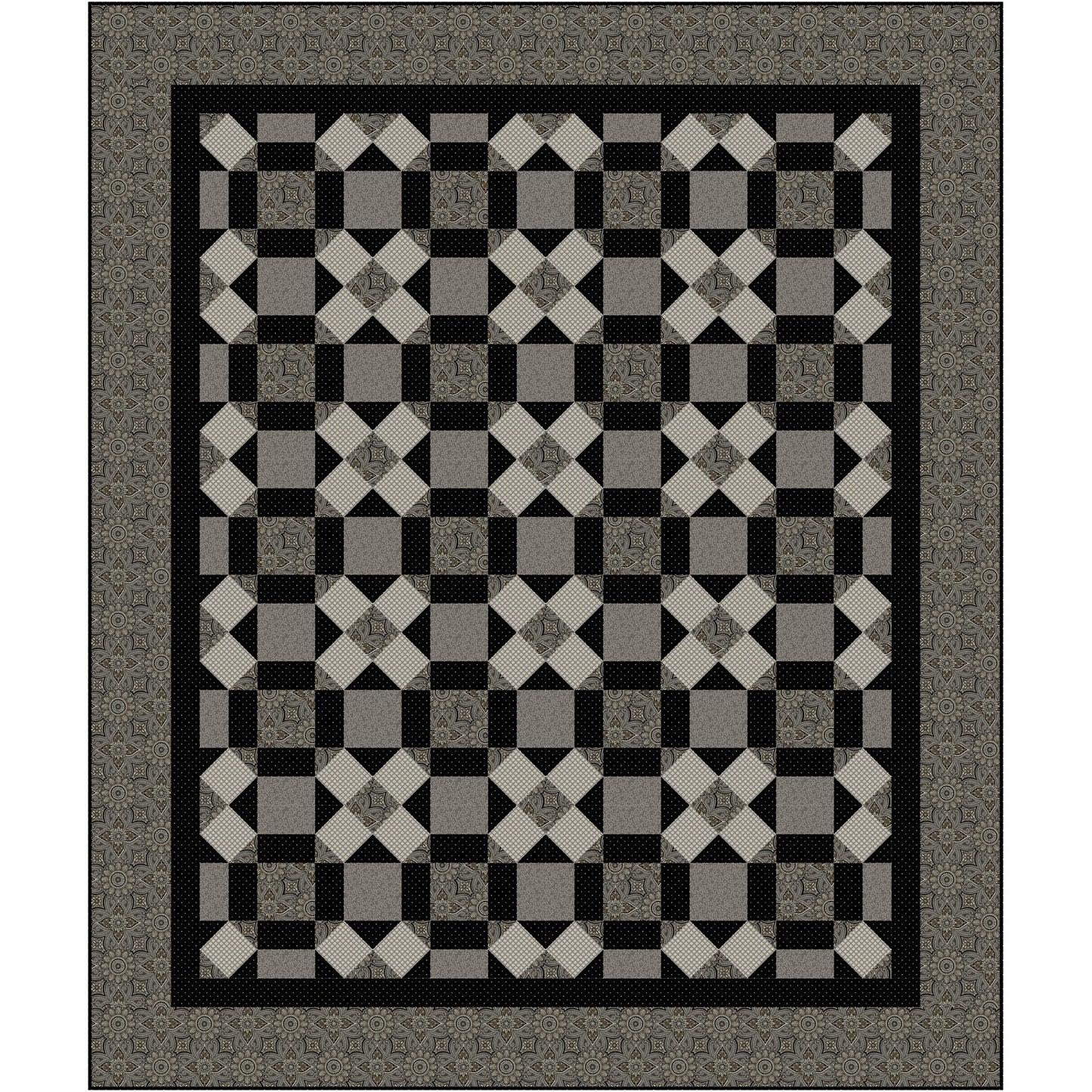Checkered pattern quilt with black, gray, and white colors on a plain background
