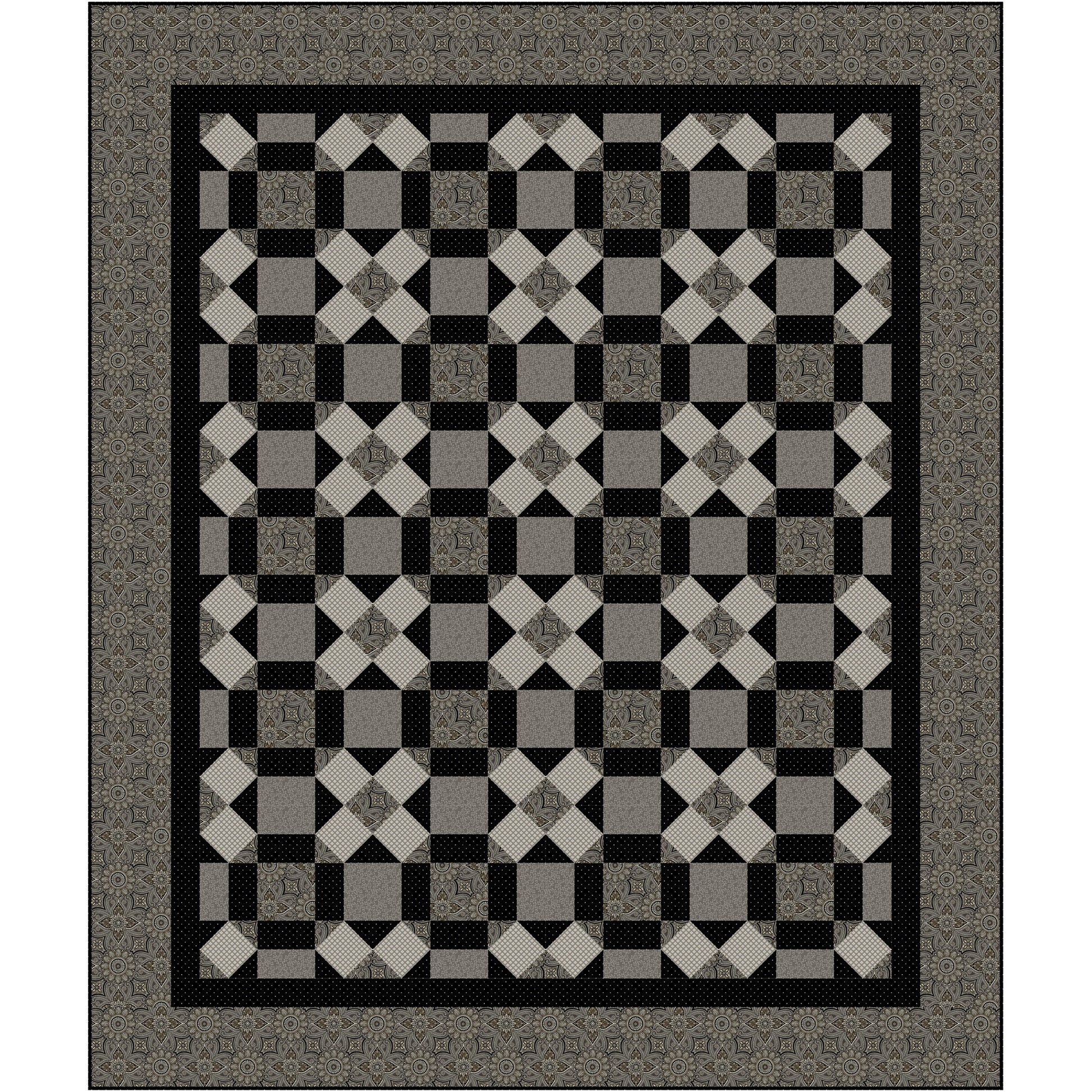 Checkered pattern quilt with black, gray, and white colors on a plain background