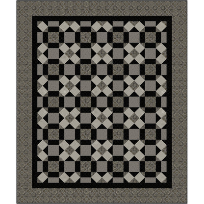 Checkered pattern quilt with black, gray, and white colors on a plain background